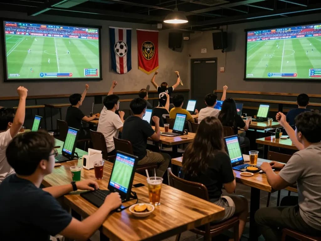 Fans celebrating while betting on บอล ออนไลน์ in an energetic sports bar setting, showing live action on screens