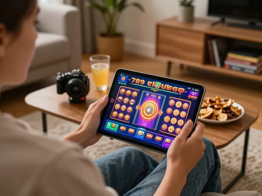 Engaging with the 789clubgo casino app from a cozy home setting, showcasing lively slots gameplay.