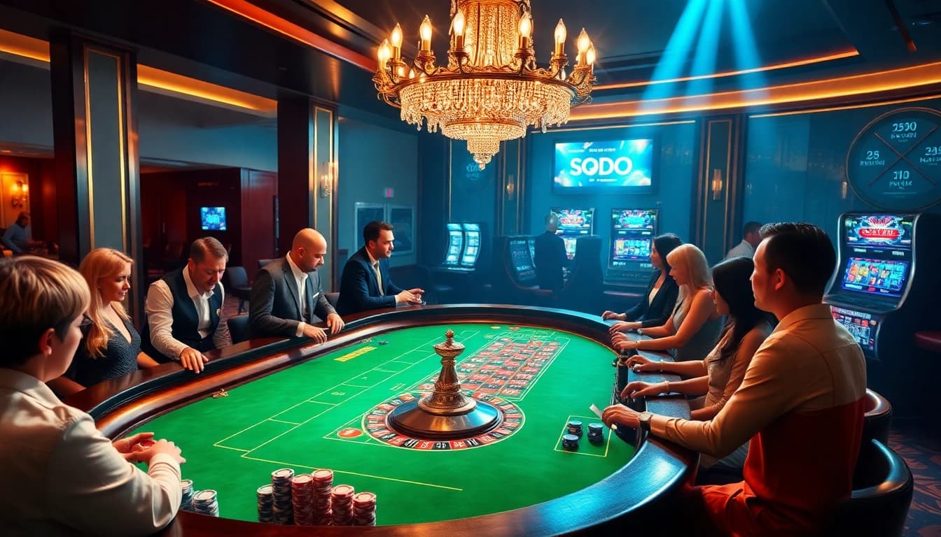 Gamblers placing bets at a luxurious SODO casino roulette table with poker chips.