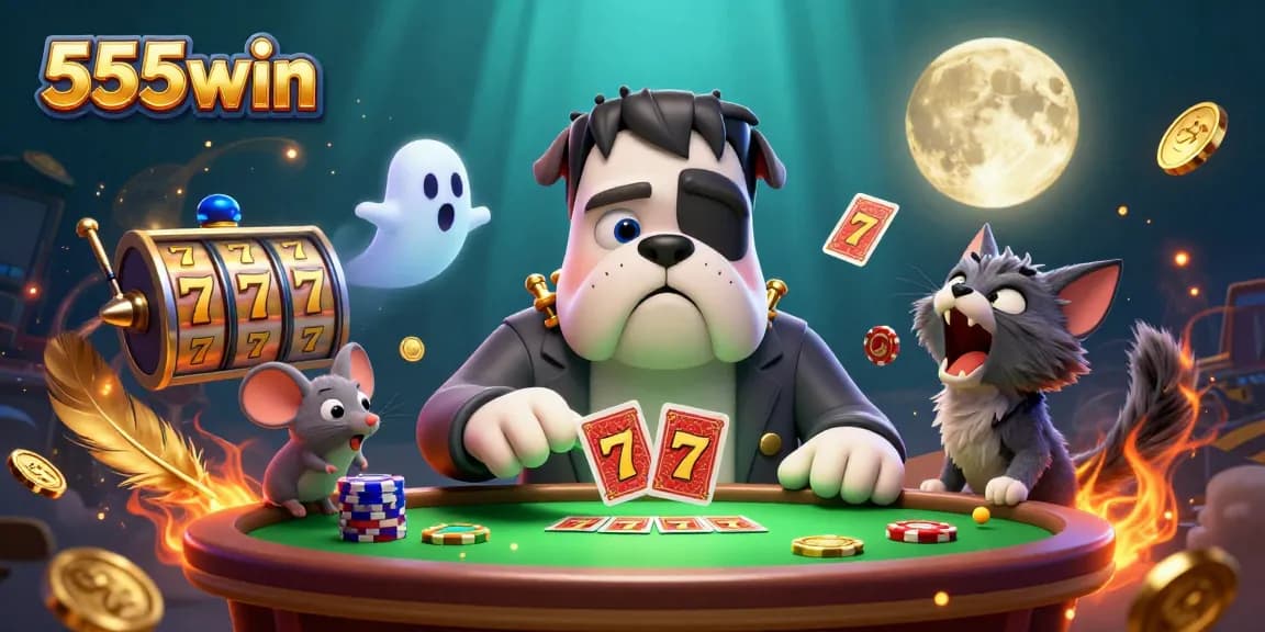 Play slots at 555win with a thrilling 3D monster dealer at a casino table filled with excitement.
