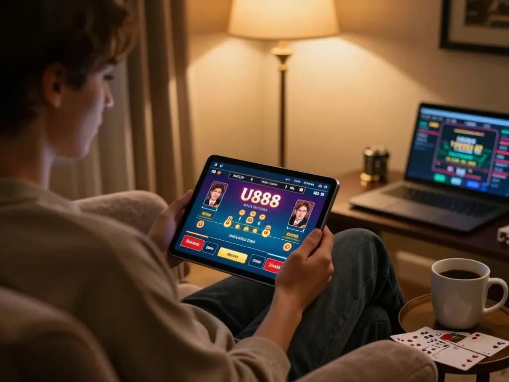 Player engaging with U888 online casino app, illuminated by soft lighting in a cozy home setting.