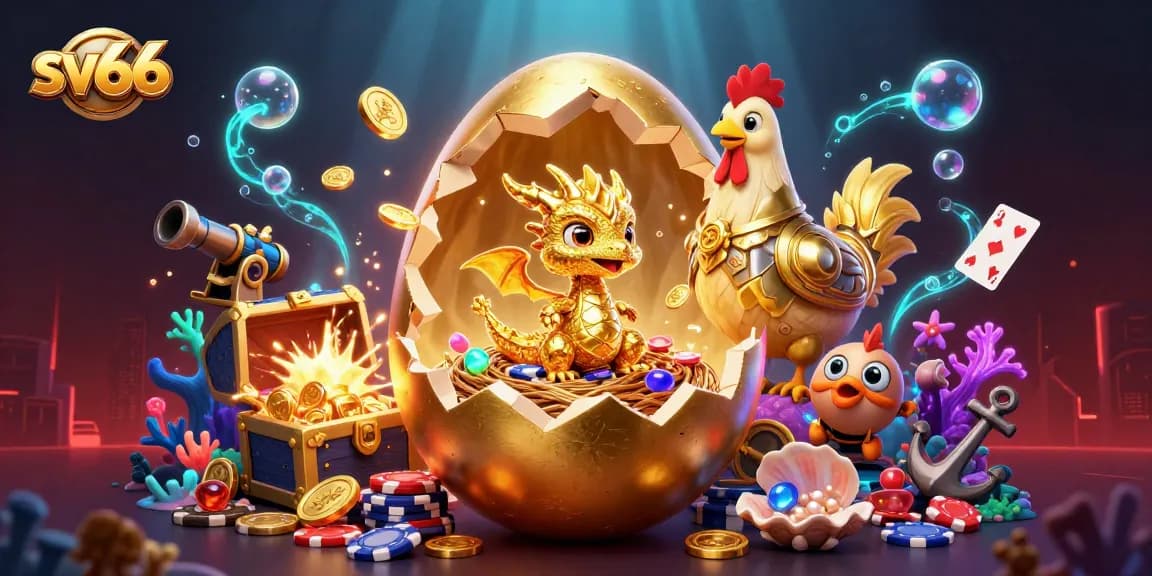 Experience sv66's dynamic gaming world with crystal gold dragon, poker chips, and lively casino elements.