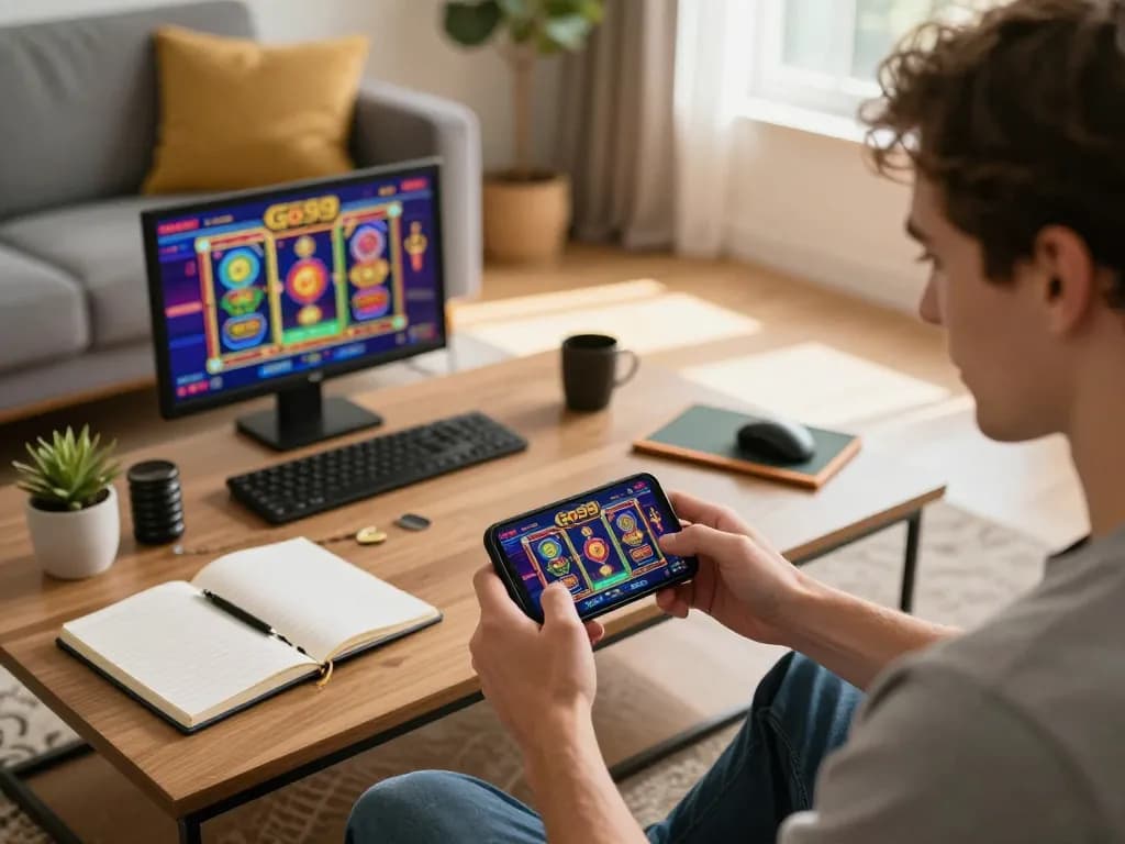 Player enjoying Go99 online gaming experience in a cozy environment with smartphone.