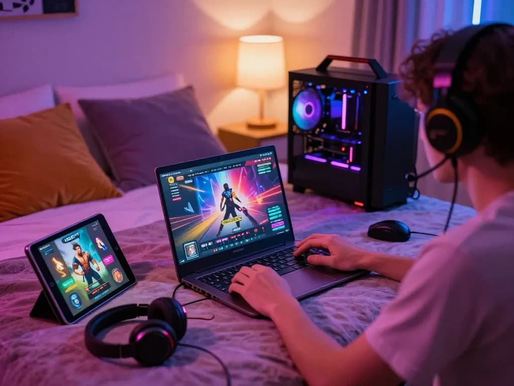 Immersed player enjoying exciting porn games with vibrant gaming setup.