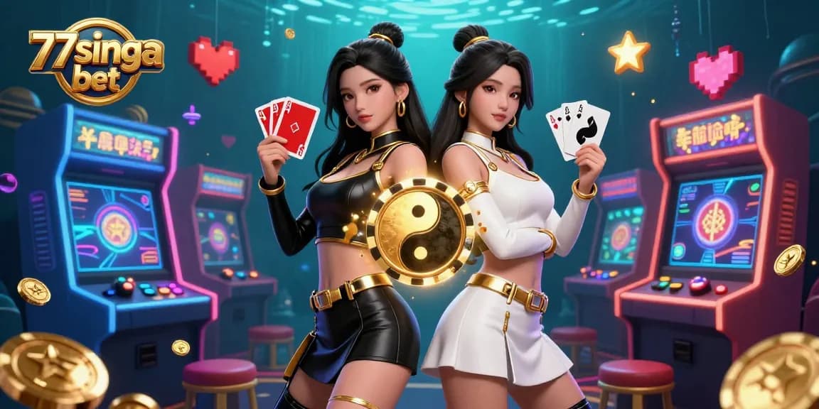Berinteraksi dengan taruhan 77singa melalui visual berwarna-warni dari dua wanita Asia dalam pose dramatis, memperlihatkan suasana perjudian yang hidup.