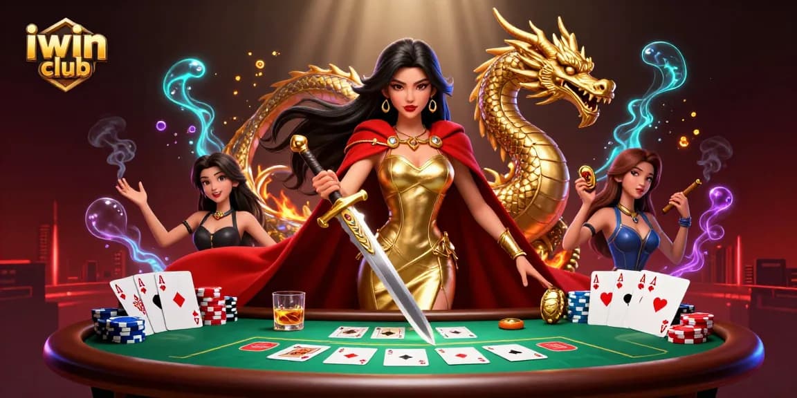 Experience the excitement of iwin club with lively poker elements and a captivating warrior queen design.
