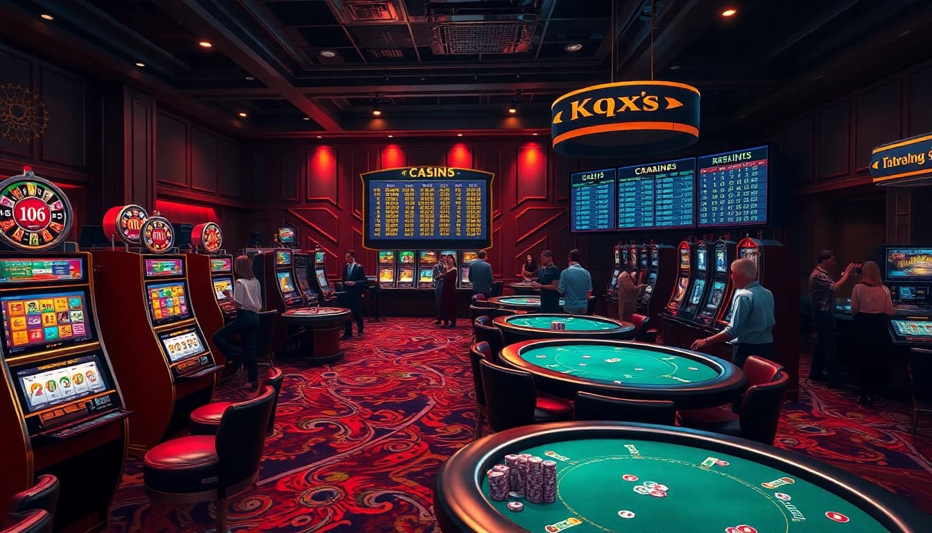 Kqxs lottery results on digital display with excited gamblers in an upscale casino setting.