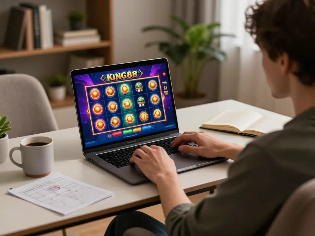Engaging in king88 online slots with strategic notes and warm lighting at home.