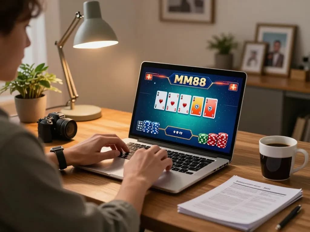 Engaging online gaming moment with MM88 poker displayed on laptop in cozy home atmosphere.