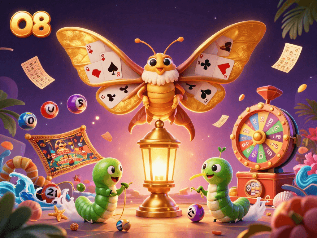 Engage with O8's vibrant lottery scene featuring a golden atlas moth and dynamic prizes.