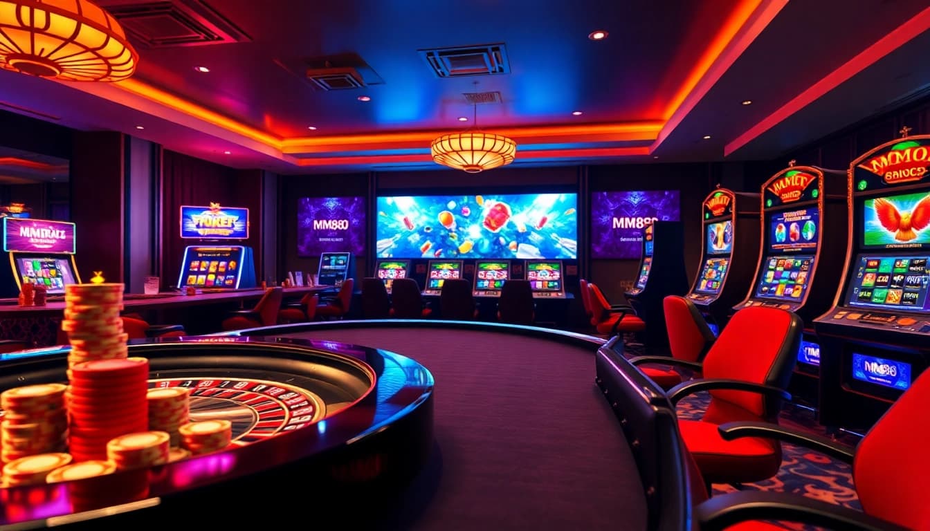 Engaging casino gameplay at https://mm88.press/ featuring poker chips, roulette wheel, and vibrant slot machines.