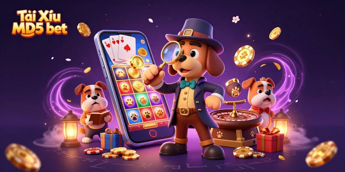 Tài Xỉu MD5 bet reveals a detective examining poker chips amidst a vibrant casino scene.