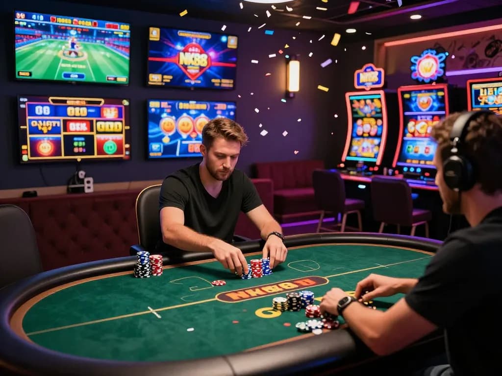 Exciting gaming action at NK88 net, showcasing a poker game and vibrant interface.