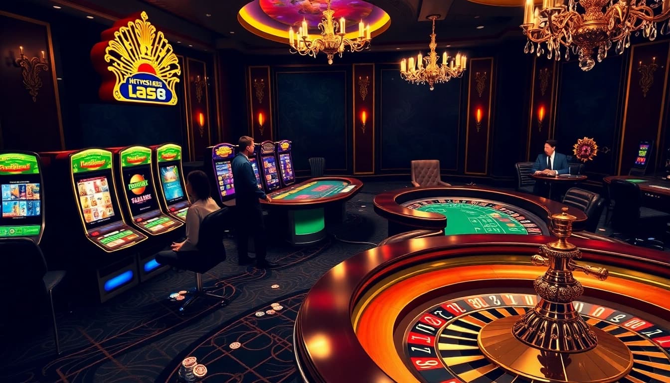 Play exciting games at https://xn88.law/ amidst a vibrant casino atmosphere with slot machines and roulette.