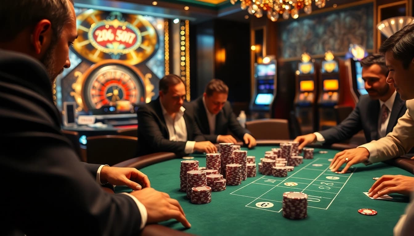 Engage in thrilling casino action with an 8k bet at a vibrant poker table surrounded by excited players.