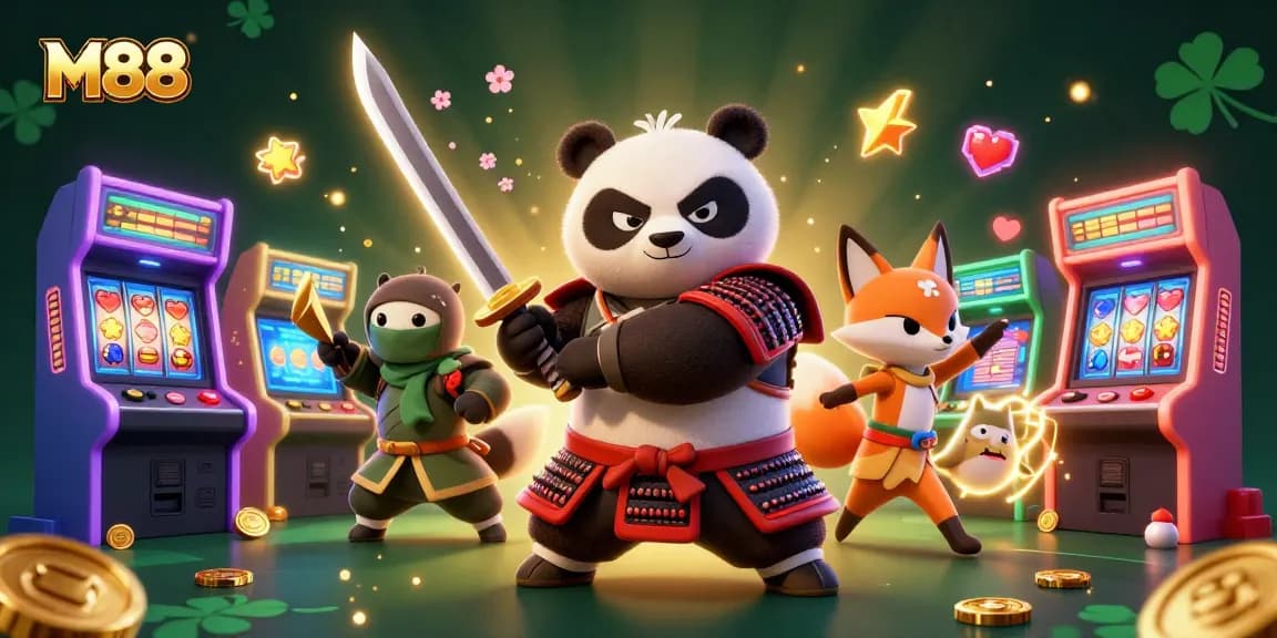M88 showcases an energetic scene with samurai panda and ninja fox, featuring vibrant casino elements and thrilling game action.