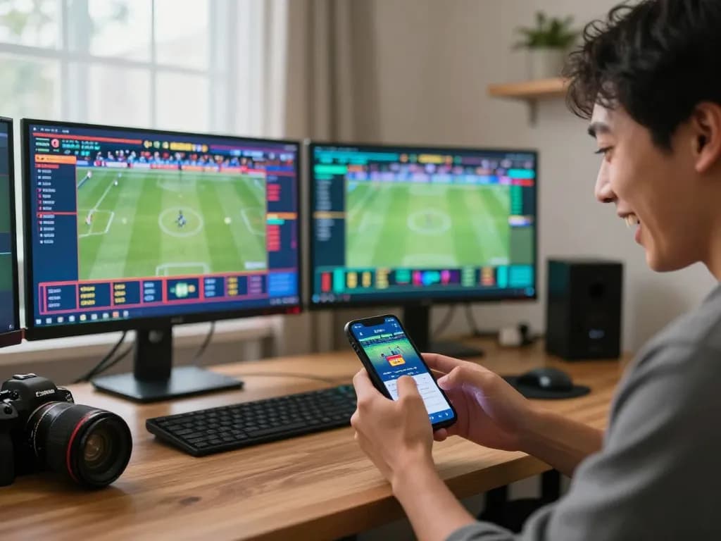 Person enthusiastically using the LV88 betting app in a vibrant home workspace for sports betting