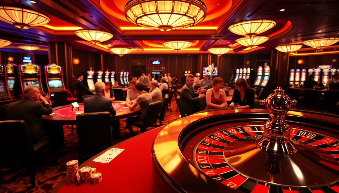 SODO66 players enjoying thrilling moments at a luxury casino environment with vibrant tables and slot machines.