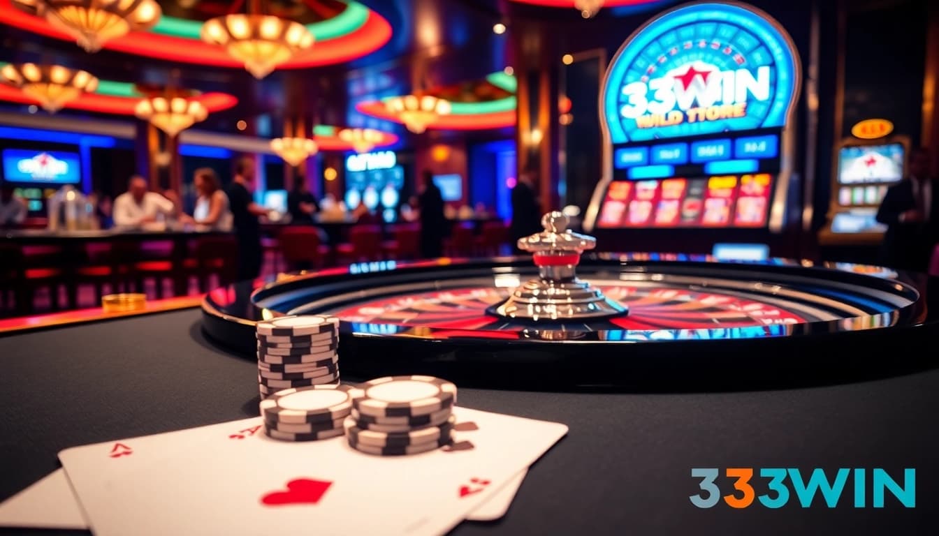 33WIN casino table scene with vibrant roulette, poker chips, and an electrifying gambling atmosphere.