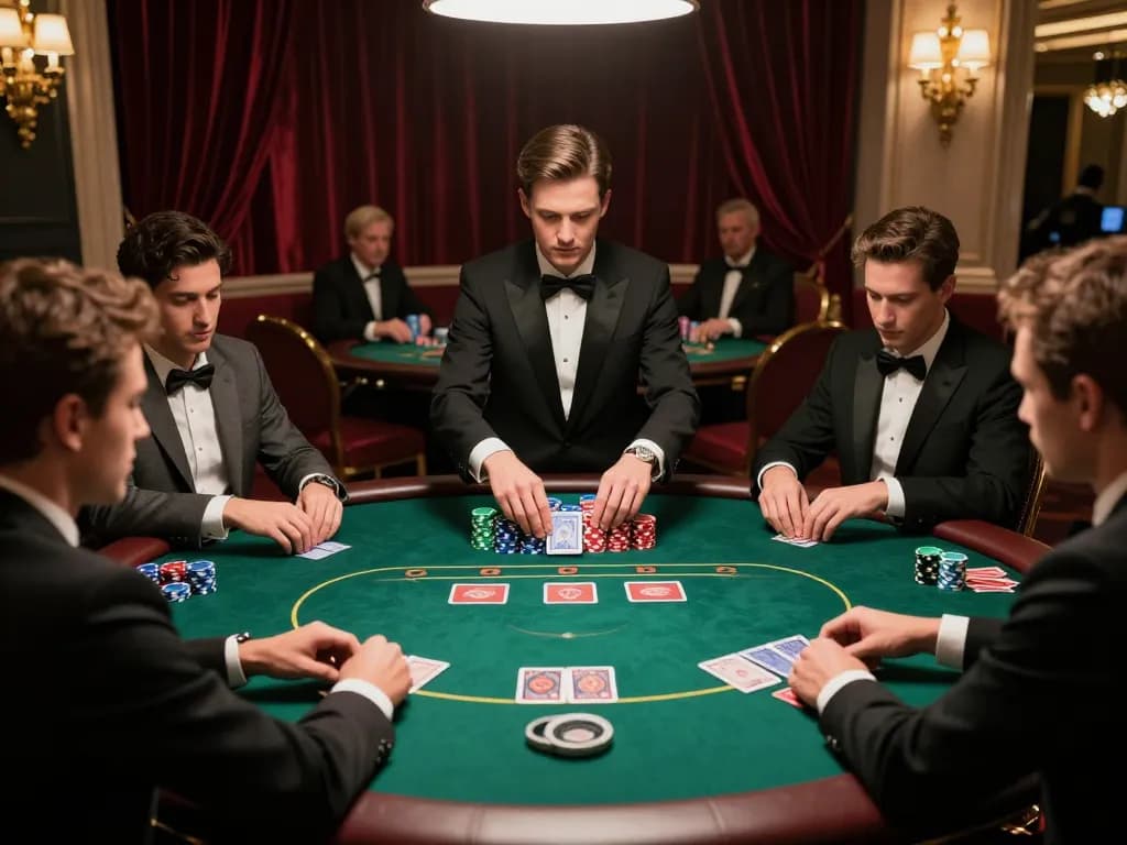 Các người chơi poker KO66 đang lập chiến lược tại một bàn cược cao ở một casino sang trọng.