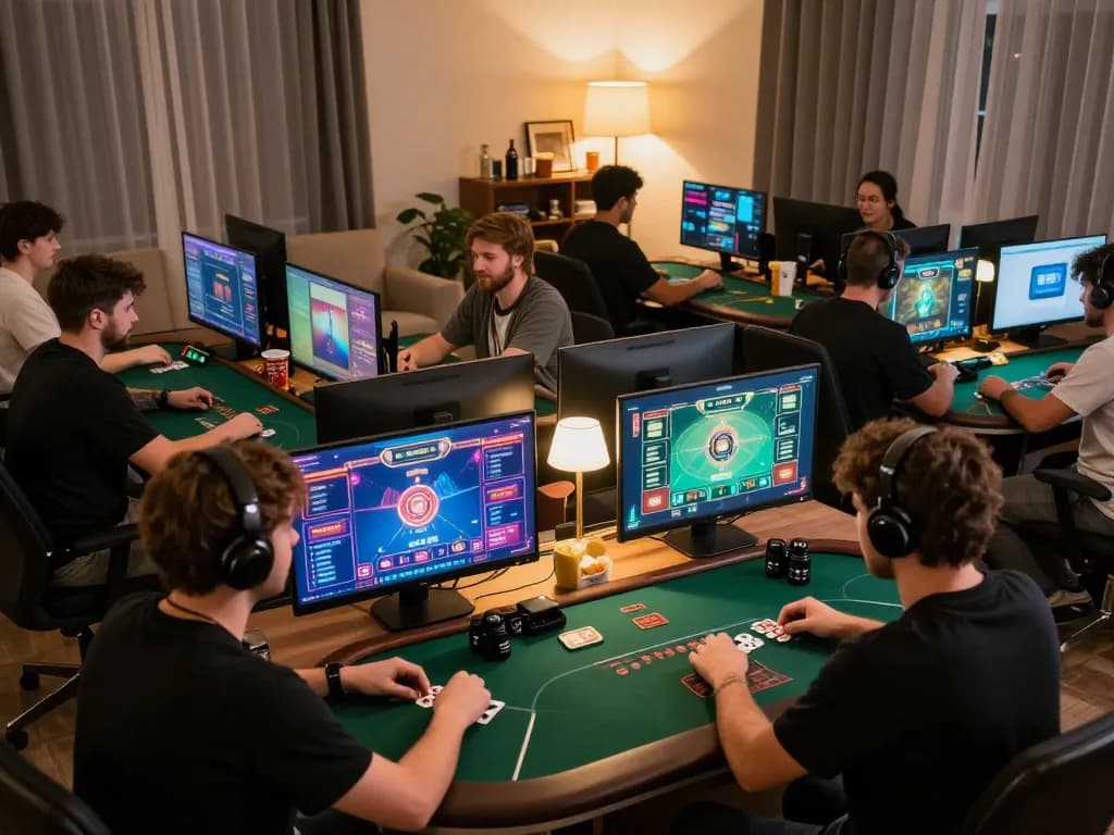 Players enjoying tg88 online poker with vibrant interfaces and warm home setting