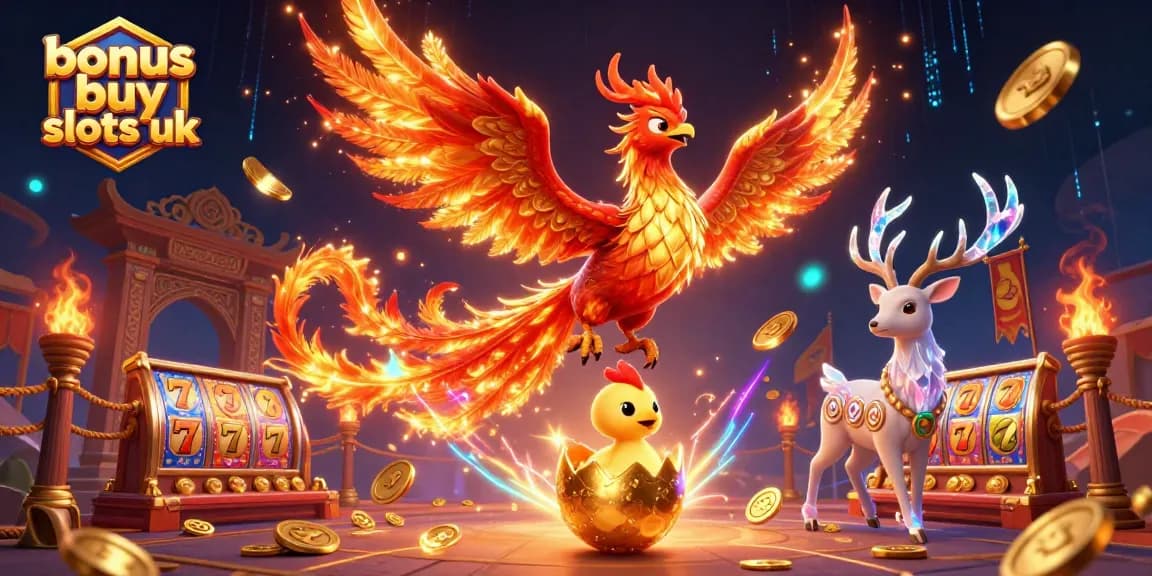 Engage in bonus buy slots uk with vibrant 3D phoenix and mystical stag, surrounded by slot reels and excitement.