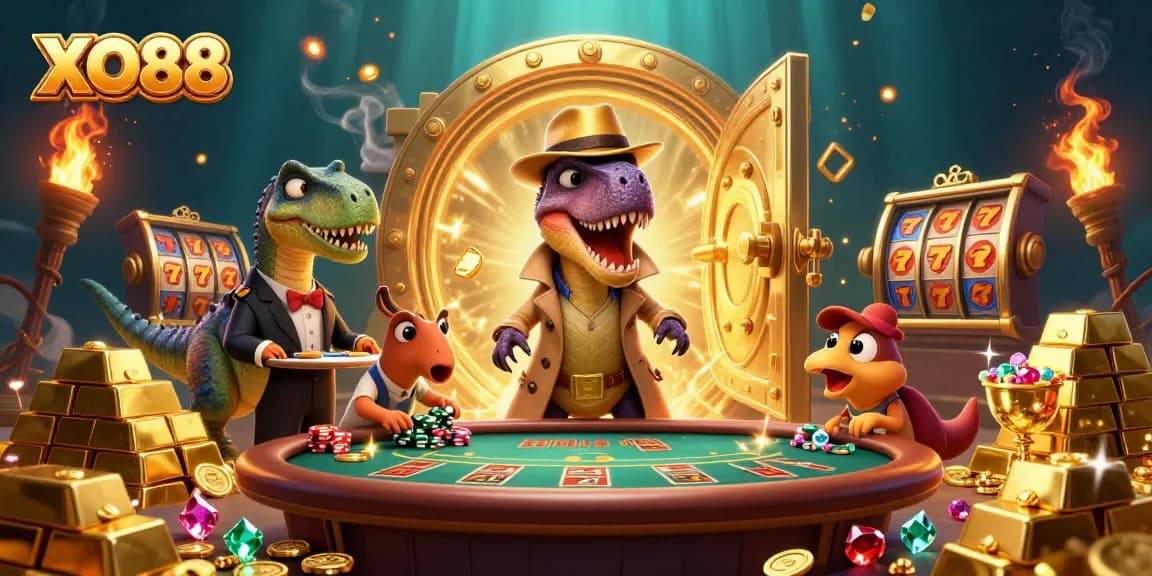 Engage in thrilling gaming action at XO88 with a velociraptor card counter in a bustling casino scene.