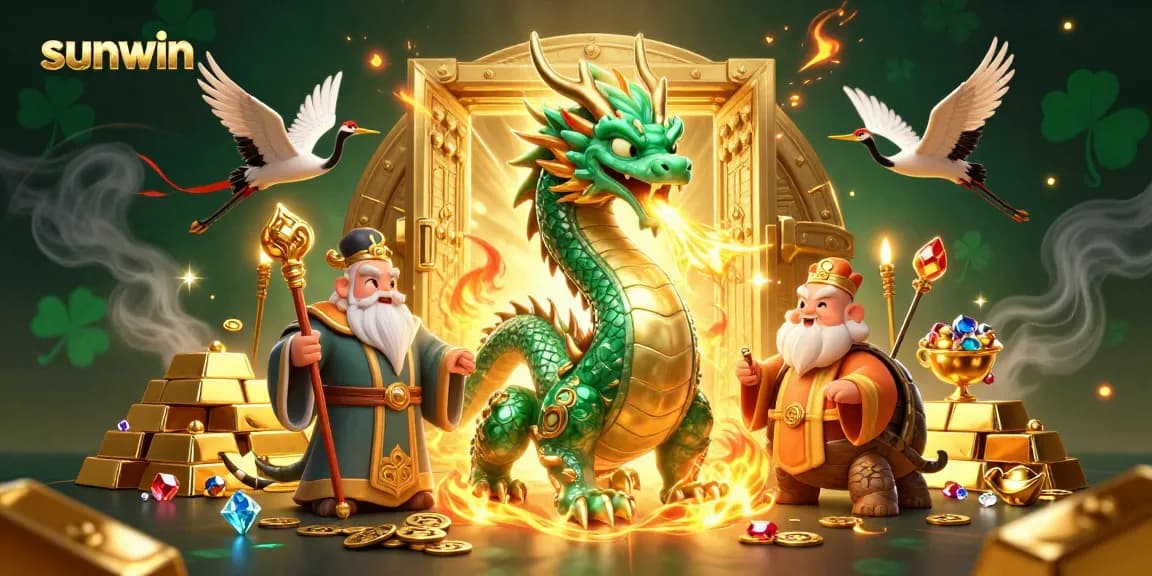 Experience thrilling gameplay at sunwin with a vibrant 3D scene featuring fortune symbols and mythical creatures.
