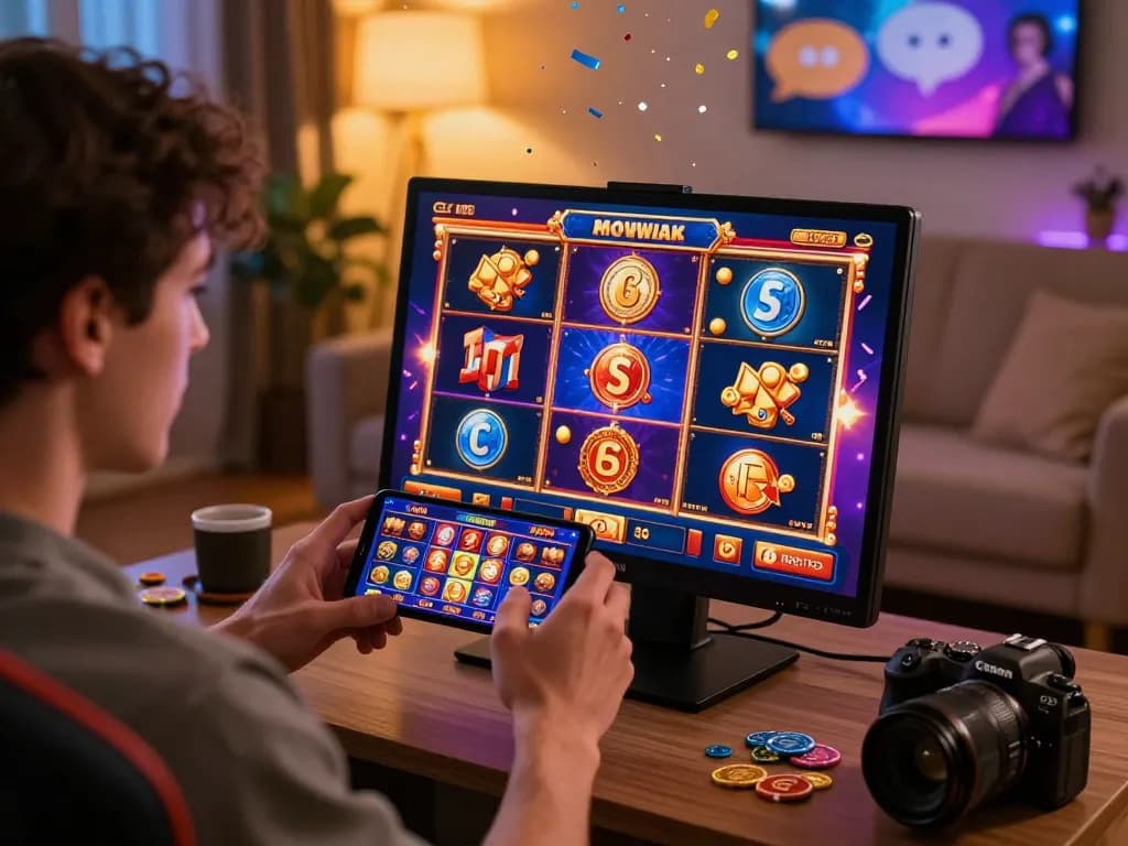 Exciting gaming moment at 45X, showcasing a player with vibrant slot graphics, game tokens, and a cozy atmosphere.