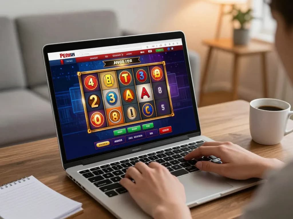 Engaging in o8 online gambling with a vibrant slot game on the laptop during a cozy home setting