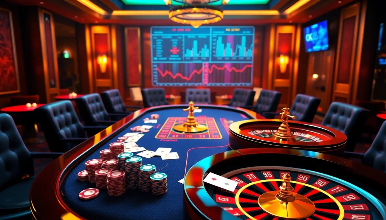 Experience the excitement of OK8386 with a luxurious casino gaming setup featuring poker chips and cards.