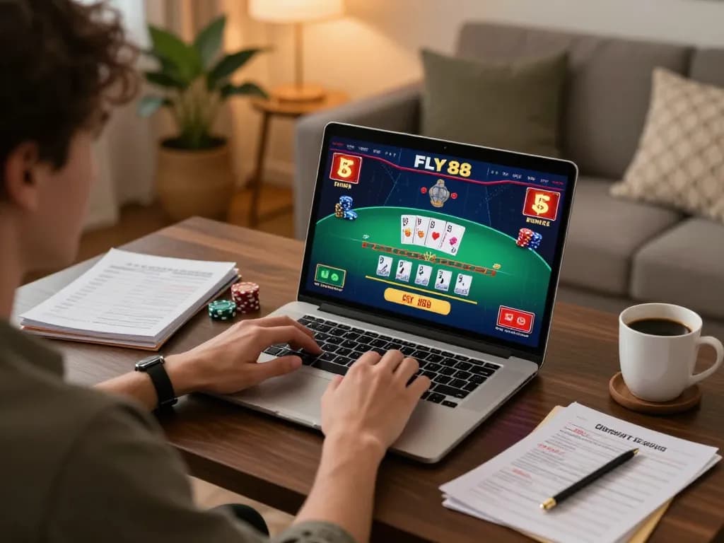 Playing FLY 88 online blackjack, showcasing strategy notes and live dealer action in a cozy home setup.