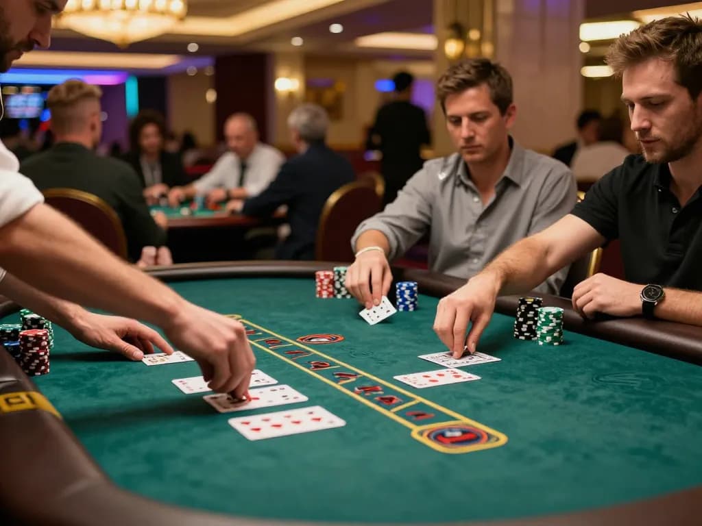 Players winning at blackjack table in lively FC88 casino atmosphere, chips stacked in action