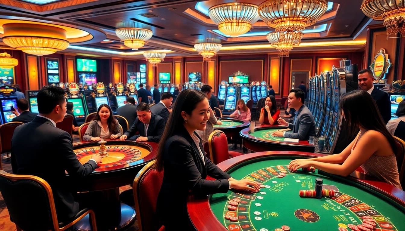 Engaged gamblers playing at Nhà Cái GO88 casino, enjoying high-stakes excitement.
