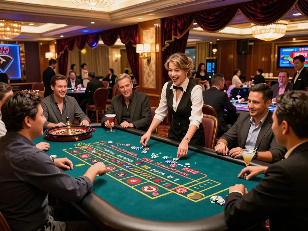 Cổng game Tic88 features players placed around a roulette table excitedly placing bets in a vibrant casino atmosphere, capturing the thrill of gaming.
