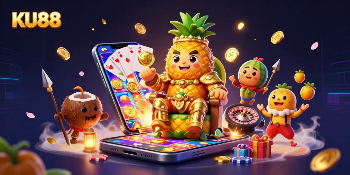 Experience the vibrant KU88 casino with exciting slot games in a colorful 3D illustration.