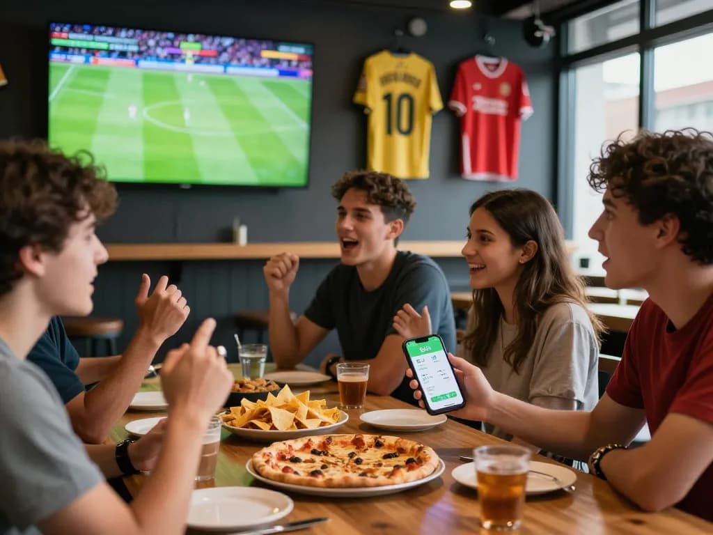 Soi kèo betting analysis in a lively sports bar with friends during a soccer game.