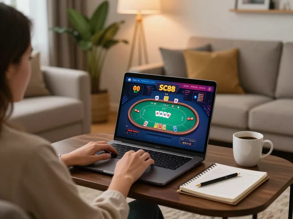 Experience online gaming on https://sc88.casino/ with a cozy setup, showcasing a player engaged in poker.