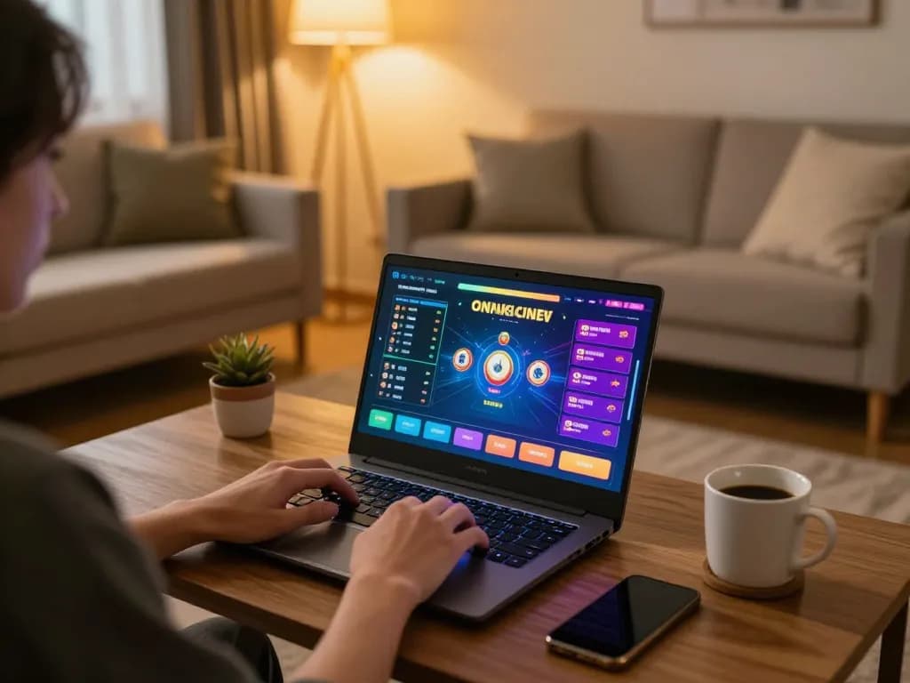 Engaging in LC88 online casino gaming on a laptop in a cozy home setting.