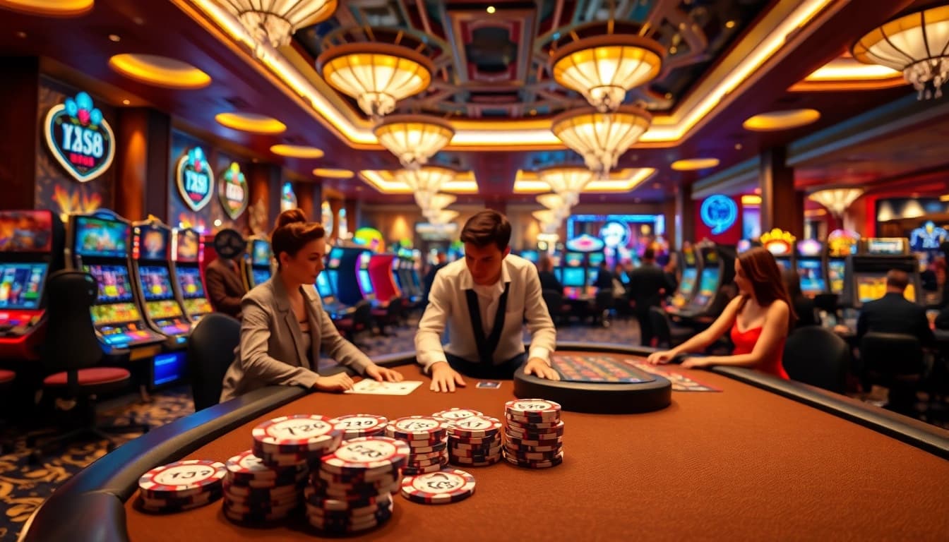 Experience the excitement of tx88 at a luxurious casino with vibrant gaming tables and engaged players.