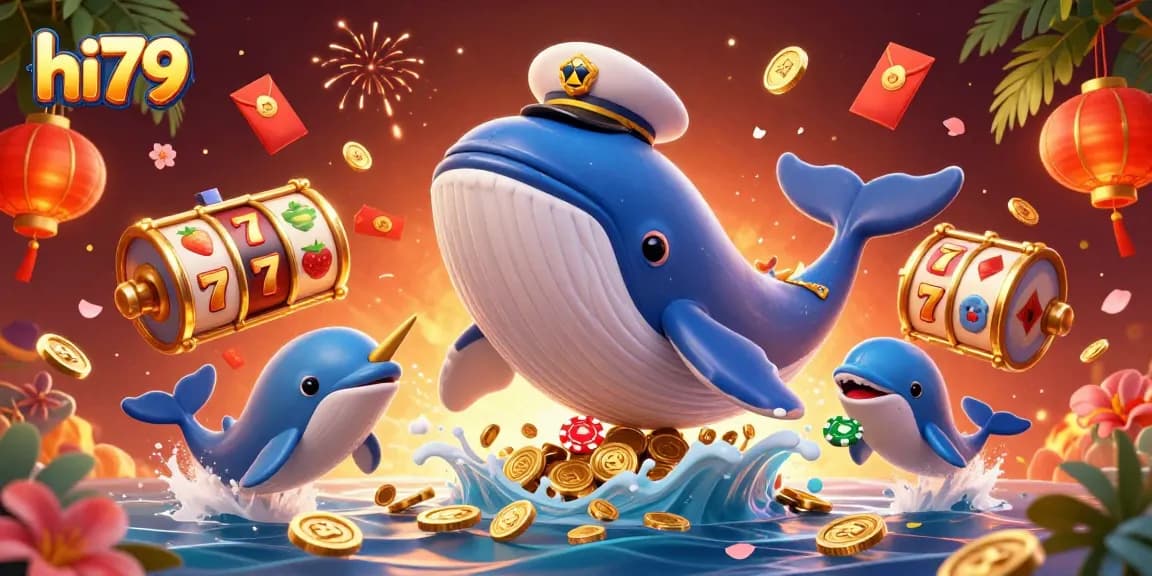 hi79 showcases a vibrant 3D casino scene with a whale, narwhal, and dolphins among slot reels and coins