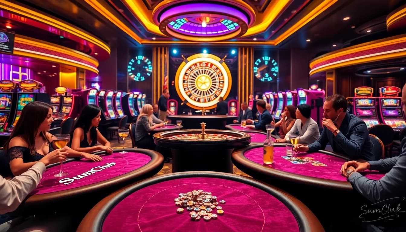 Experience the thrill of gaming at SumClub with vibrant poker tables and slot machines.
