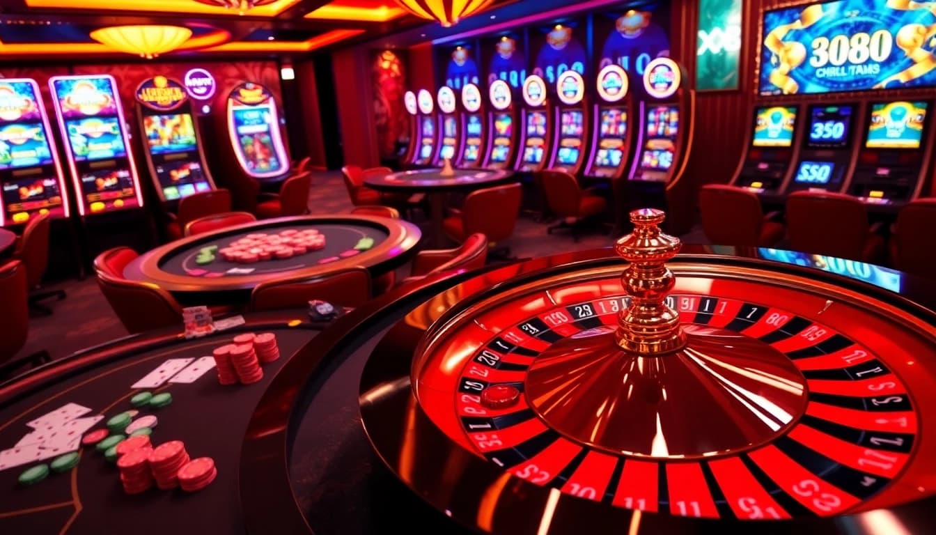 Experience excitement at xx88 casino with vibrant tables, chips, and roulette wheels.