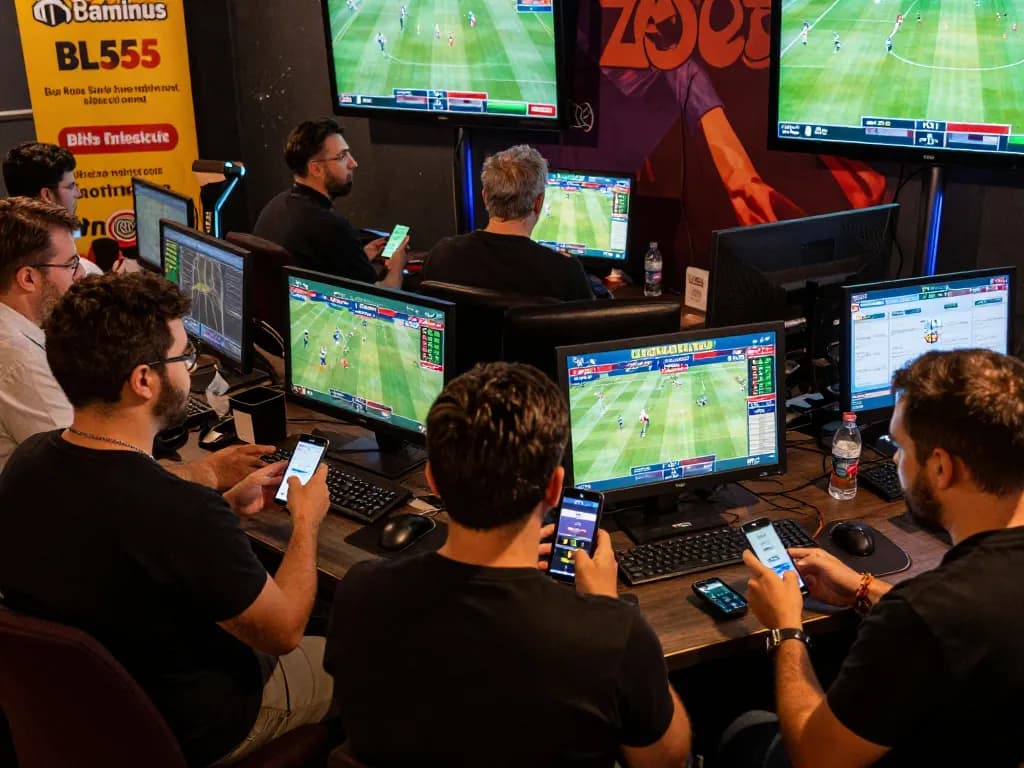 Excitement in sports betting at BL555 with bettors analyzing odds and cheering for teams.