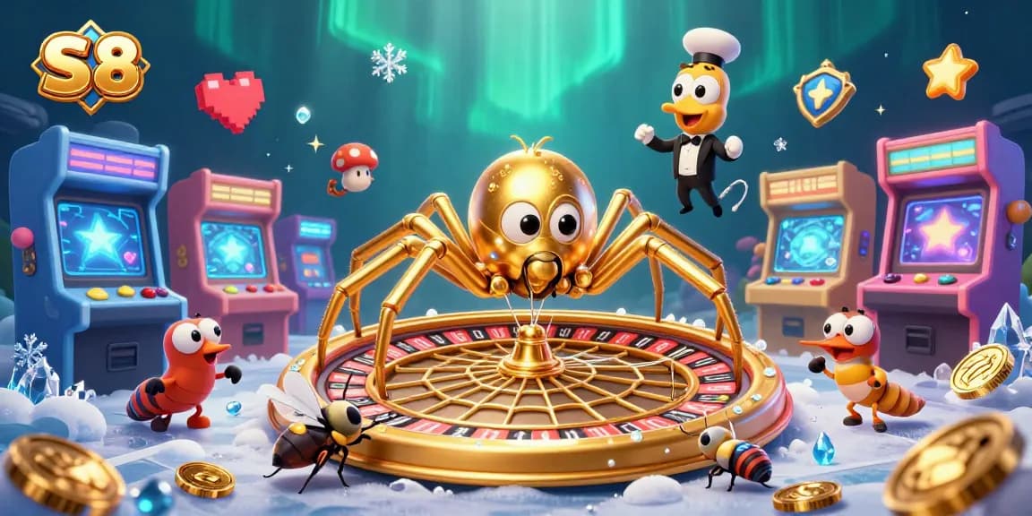 Bet big with S 8 as a golden spider spins a roulette wheel web in lively casino fun.