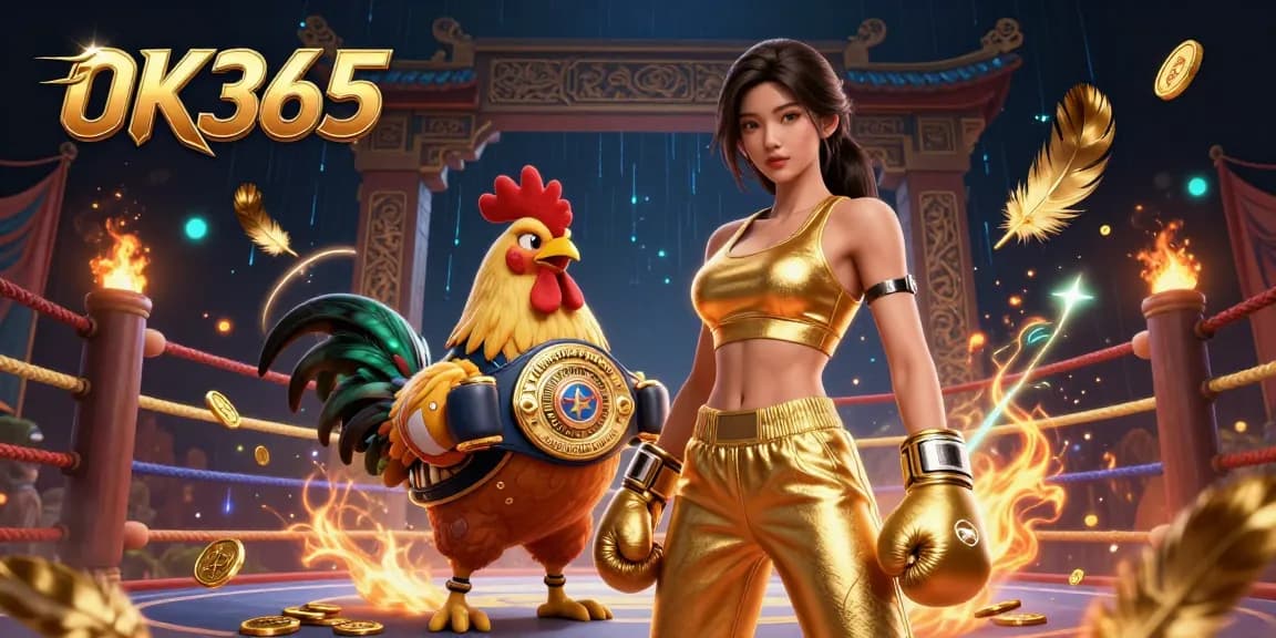 Engage with the thrilling casino experience at OK365 featuring a powerful woman and champion rooster amidst vibrant game elements.