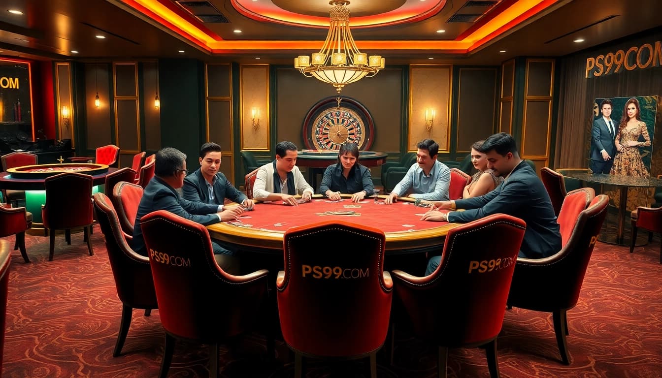 Poker action at the PS99COM casino table with excited players and luxury decor.