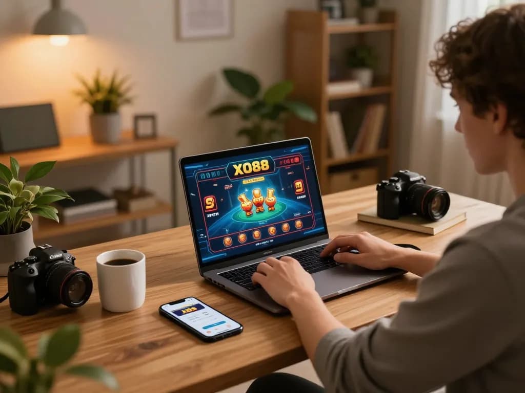 Player enjoying an engaging gaming session with XO88 on laptop, cozy home atmosphere, responsible gambling focus