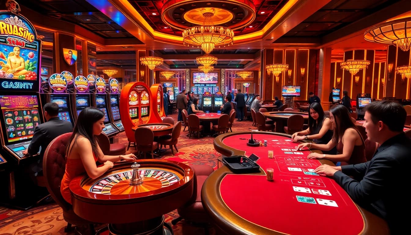 A thrilling online gambling atmosphere at https://sunwin5.org/ showcasing rich slot machines, roulette, and poker tables.