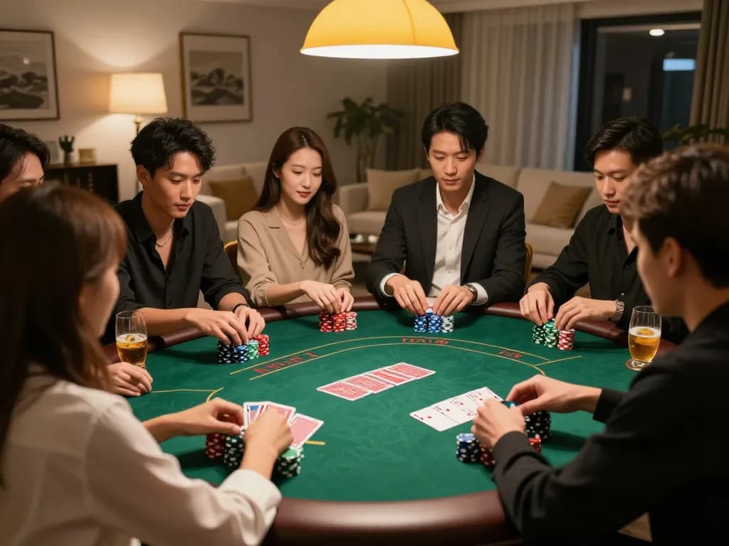 Xo88 players engrossed in friendly poker night at home, vibrant chips and cards adding excitement to the game.